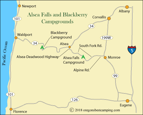 map of Alsea Falls Campground area, Benton County, OR
