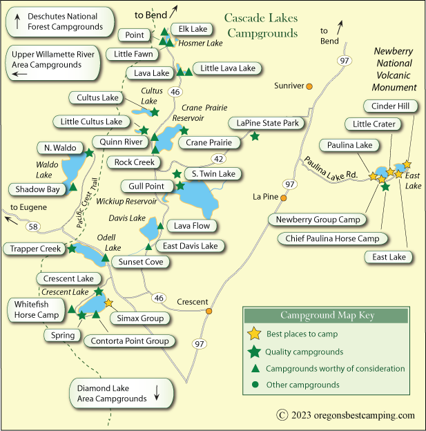 map of campgrounds around the Cascade Lakes in the Deschutes and Willamette national forests, Oregon