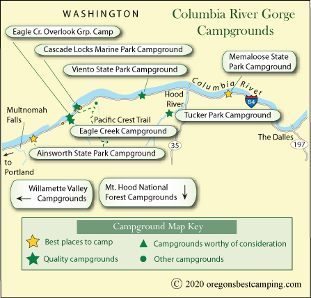 map of campgrounds along the Columbia River Gorge, Oregon