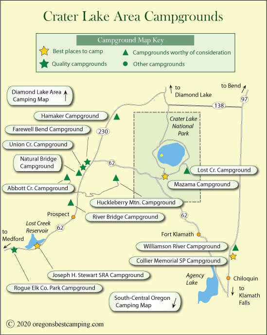 map of campgrounds around Crater Lake, Oregon