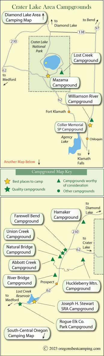 map of campgrounds around Crater Lake, Oregon