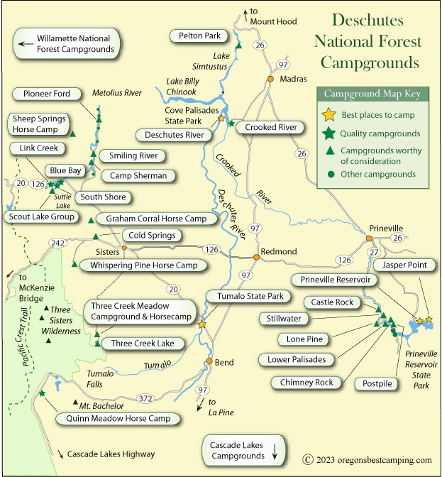 map of campgrounds in the Deschutes National Forest, Oregon