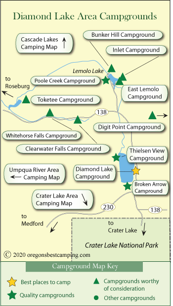 map of campgrounds in the area of Oregon's Diamond Lake