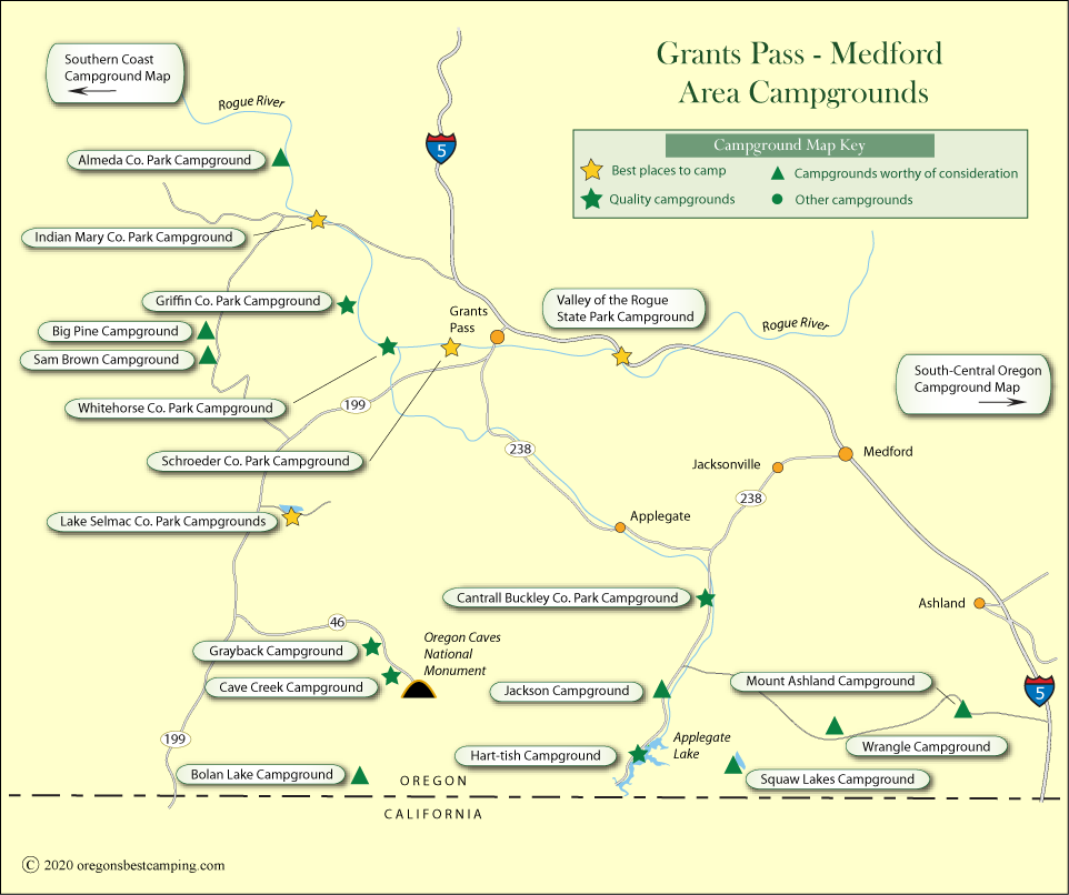 map of campgrounds around Grants Pass and Medford, Oregon