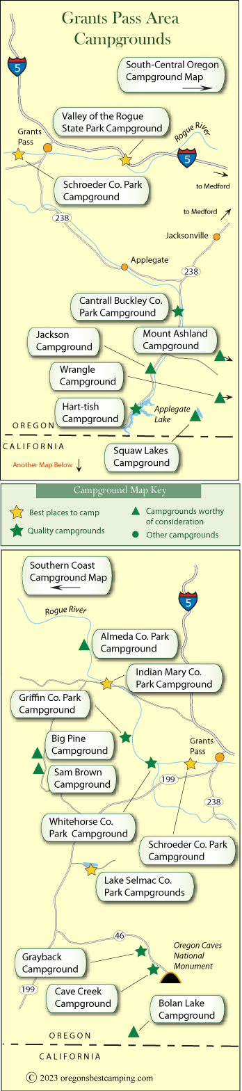 map of campgrounds around Grants Pass and Medford, Oregon