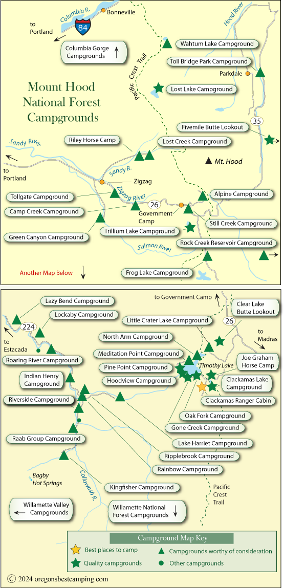 map of campgrounds in the Mt Hood National Forest, Oregon