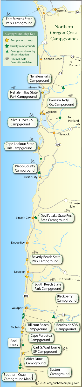 map of campgrounds along the northern half of the Oregon coast