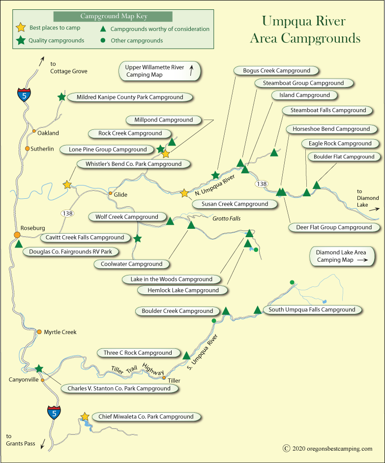 map of campgrounds around the Umpqua River, Oregon