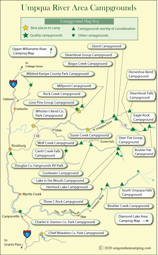 map of campgrounds around the Umpqua River, Oregon