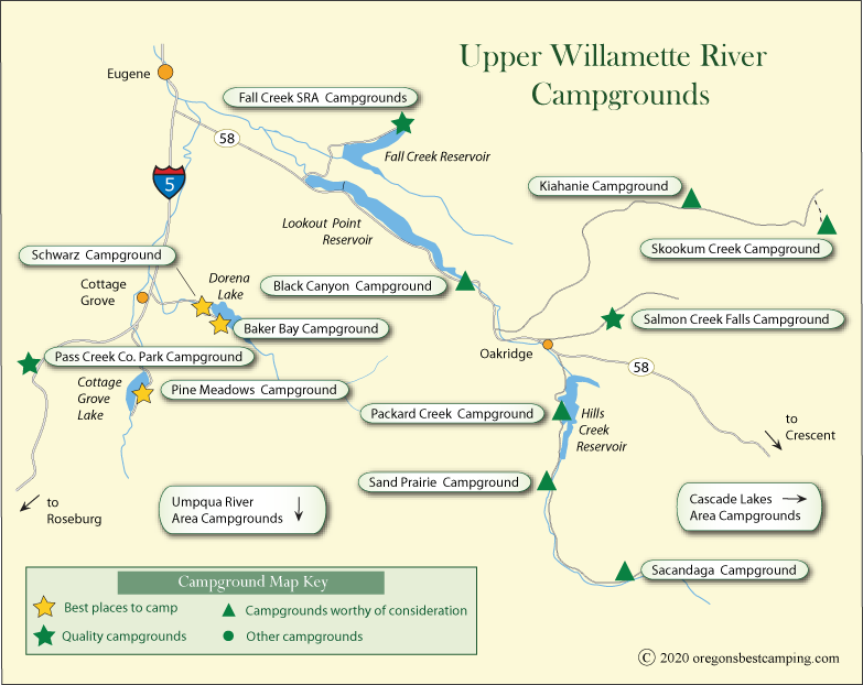 map of campgrounds around the upper Willamette River, Oregon