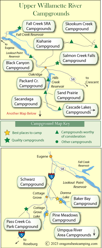 map of campgrounds around the upper Willamette River, Oregon