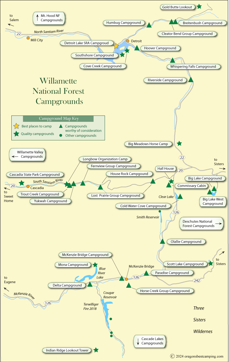 map of campgrounds in the Willamette National Forest, Oregon