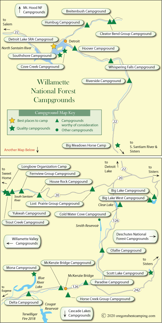 map of campgrounds in the Willamette National Forest, Oregon