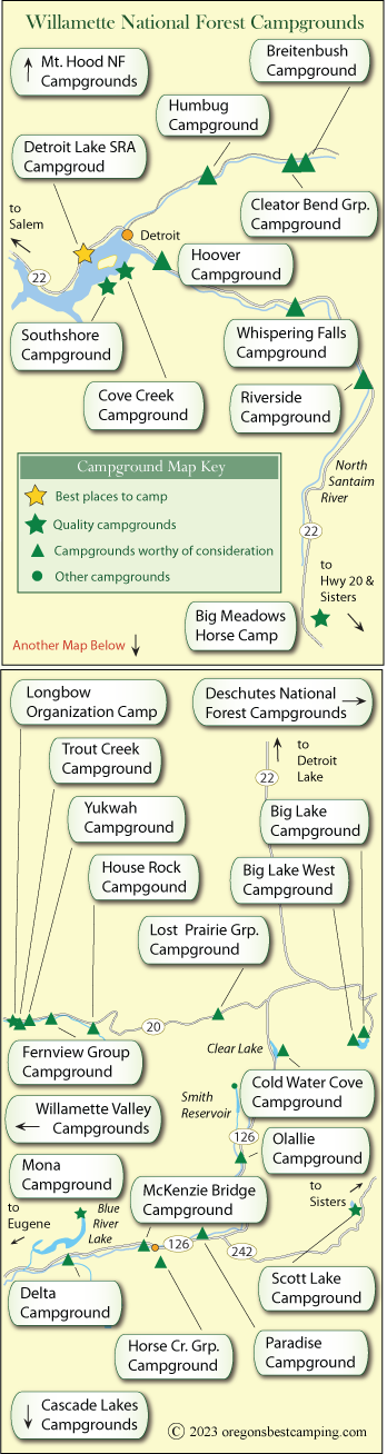 map of campgrounds in the Willamette National Forest, Oregon