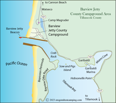 Barview Jetty County Campground area map, Oregon