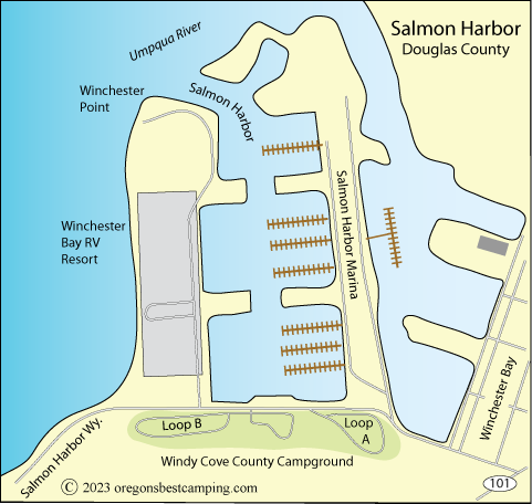 Salmon Harbor Map, showing Windy Cove Campground, Douglas County, Oregon