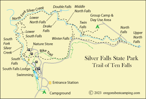 map of Silver Falls State Park, Ten Falls Trail, Oregon