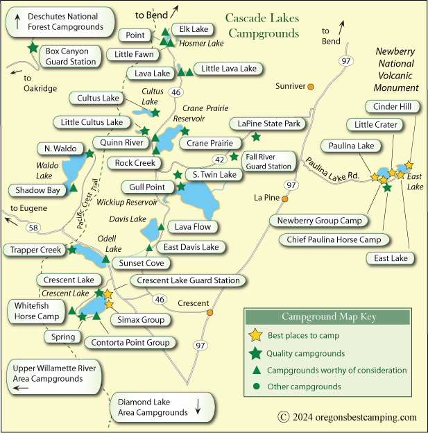 map of campgrounds around the Cascade Lakes in the Deschutes and Willamette national forests, Oregon