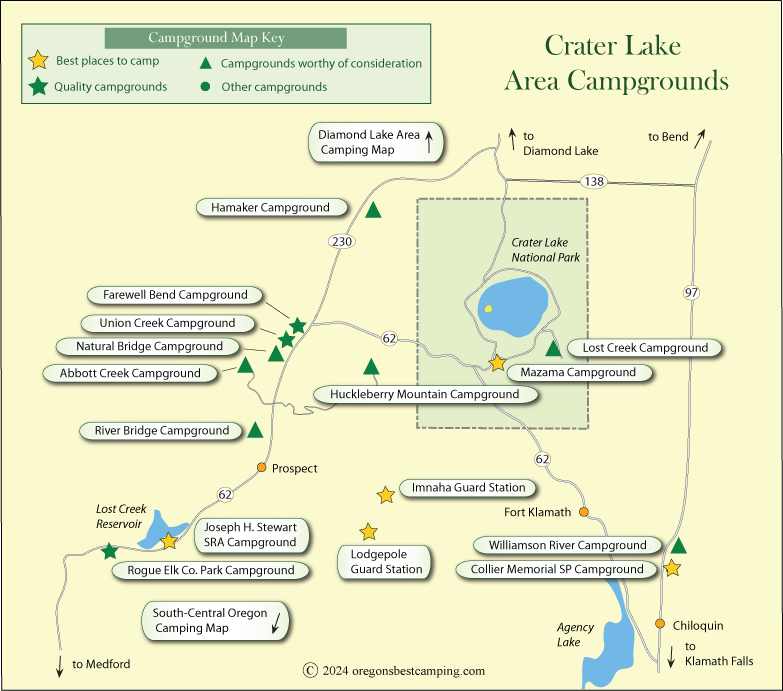 map of campgrounds around Crater Lake, Oregon