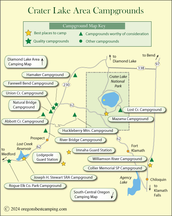 map of campgrounds around Crater Lake, Oregon