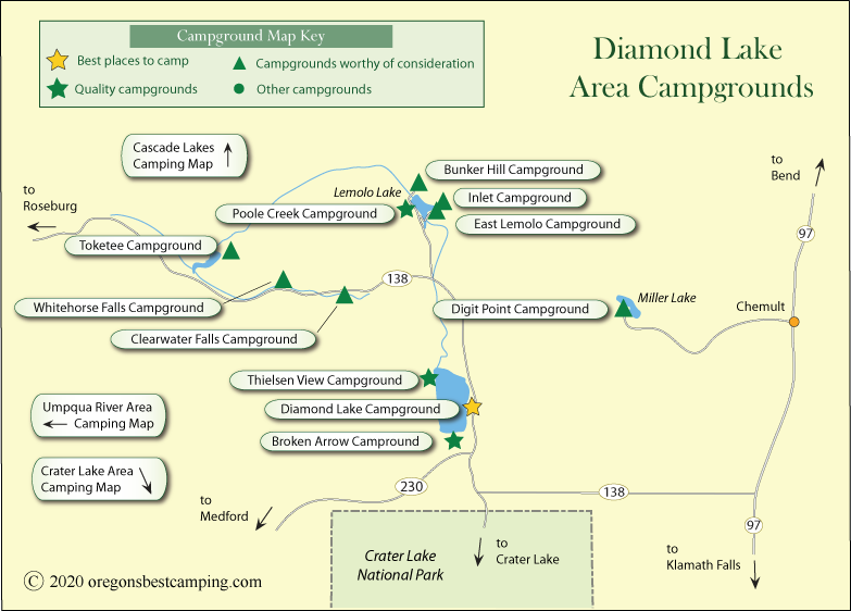 map of campgrounds in the area of Oregon's Diamond Lake