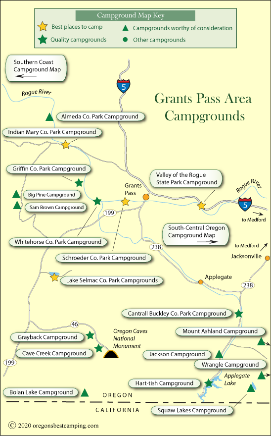 map of campgrounds around Grants Pass and Medford, Oregon