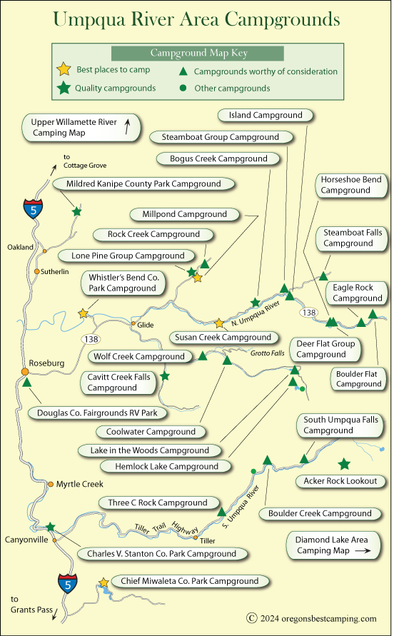 map of campgrounds around the Umpqua River, Oregon