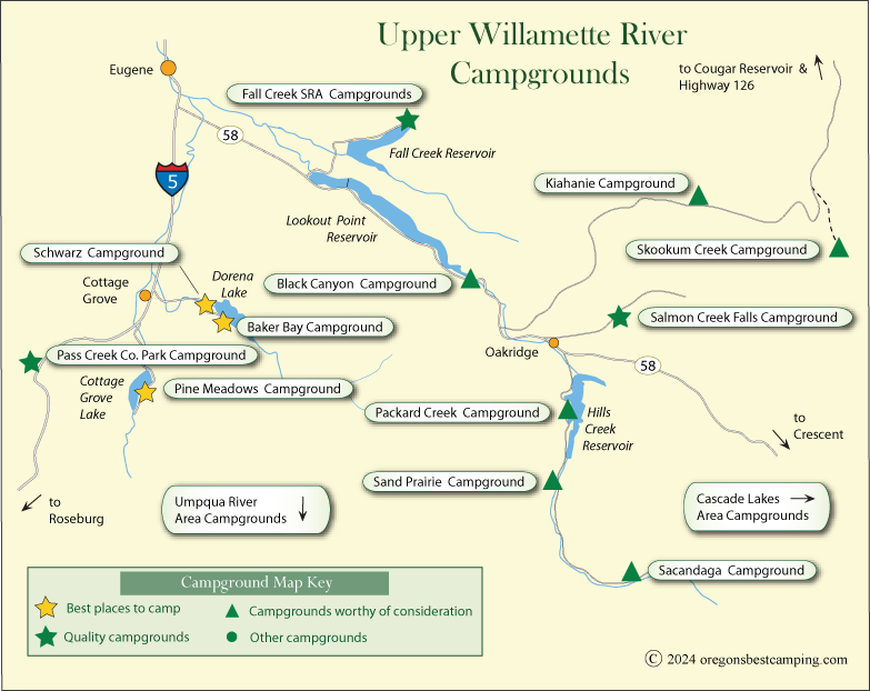 map of campgrounds around the upper Willamette River, Oregon