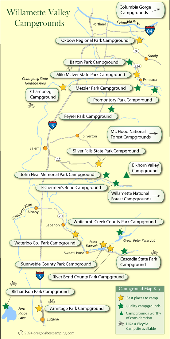 map of campgrounds along the northern half of the Oregon coast