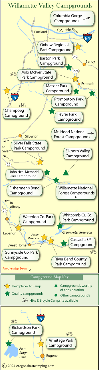 map of campgrounds along the northern half of the Oregon coast